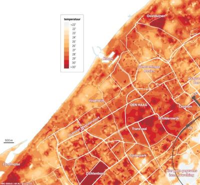 Differences in temperature (heat islands) in The Hague on a summer day. Image: NRC